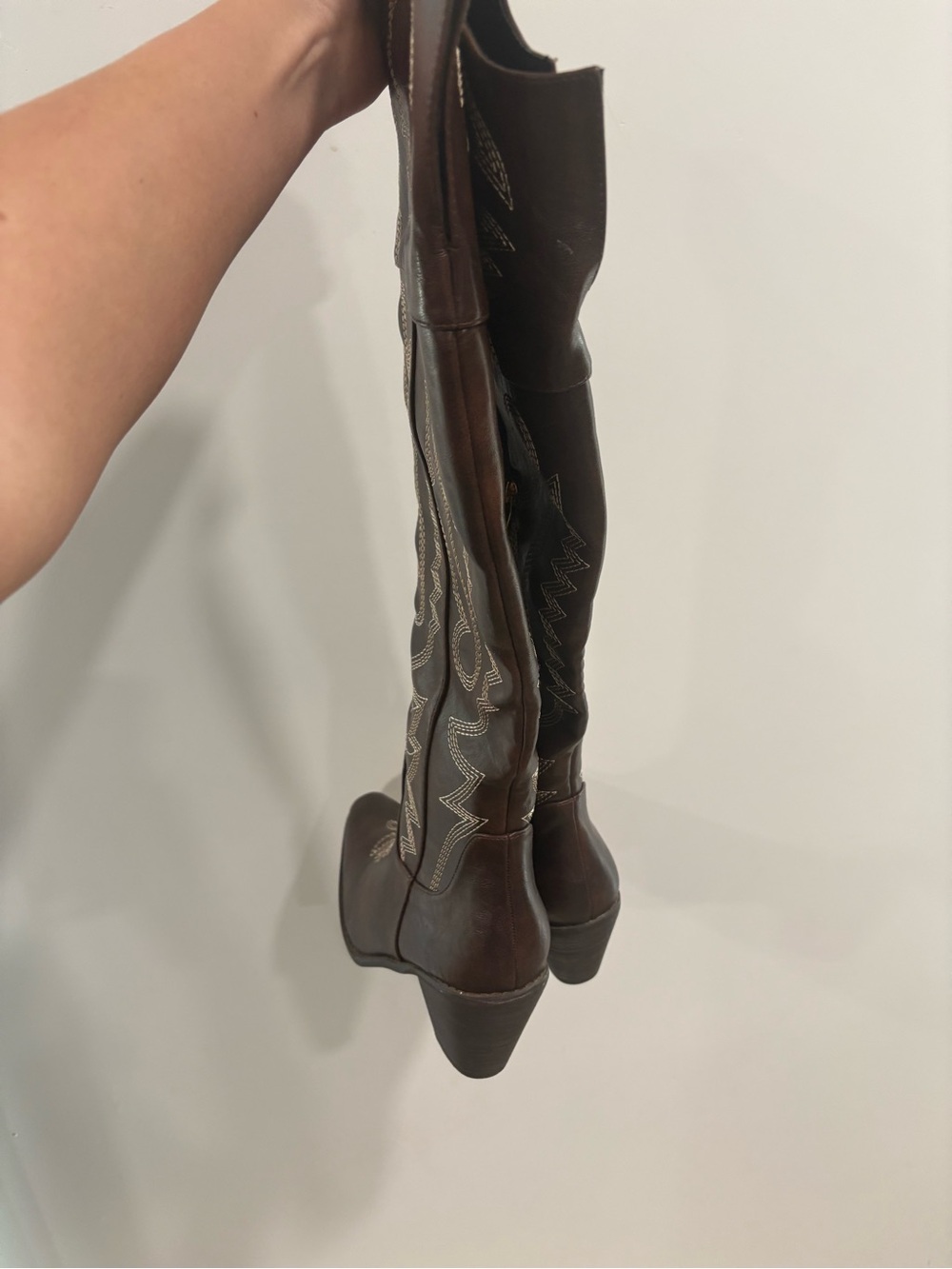 Embroidered Tall Brown Leather Cowboy Boots - Picture 2 of 9